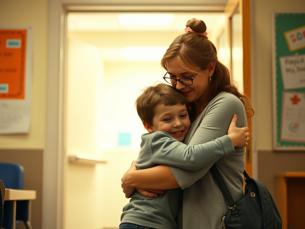 A first grader hugs his teacher